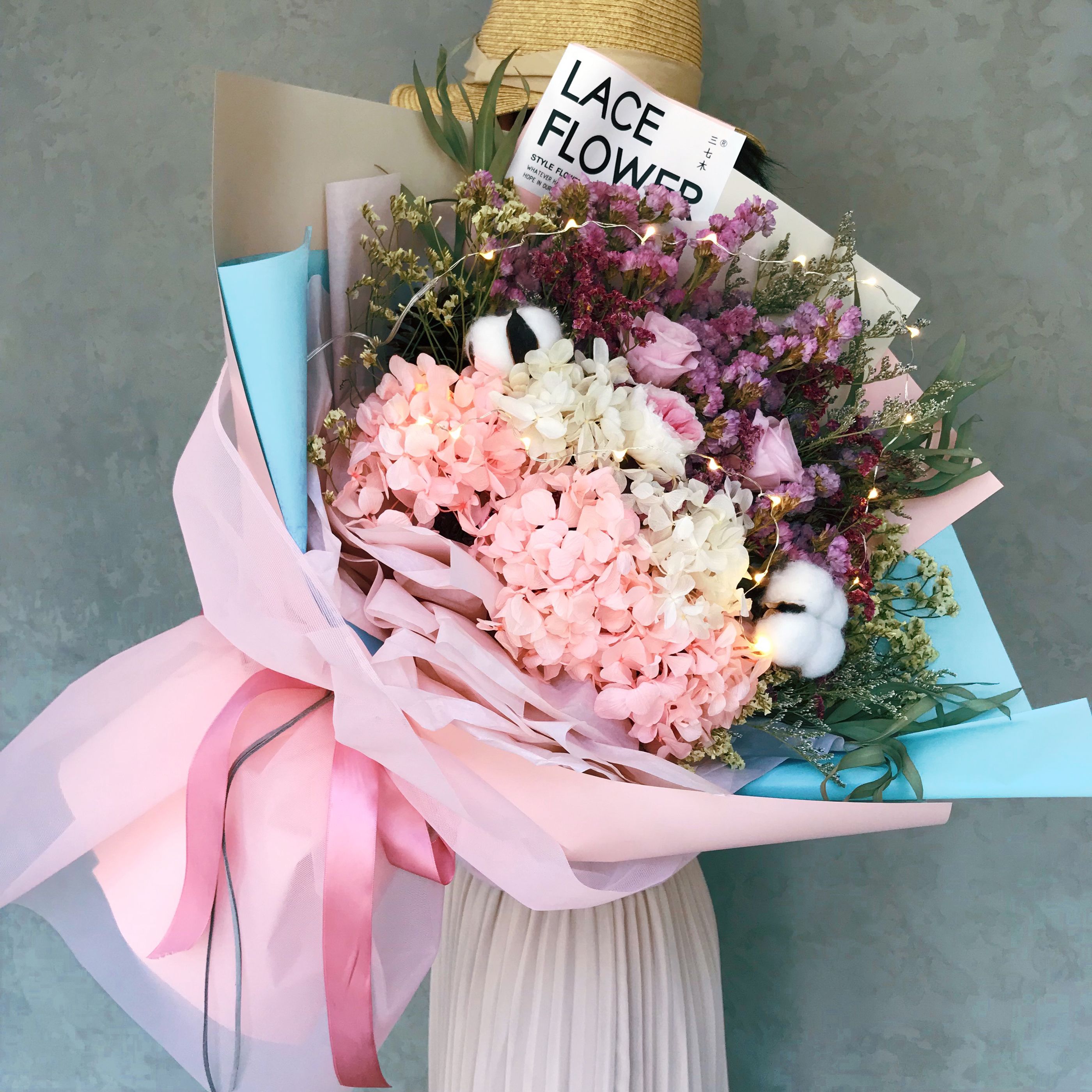 大束粉玫瑰干花花束包装送人真花永生花超大手捧客厅装饰上海同城