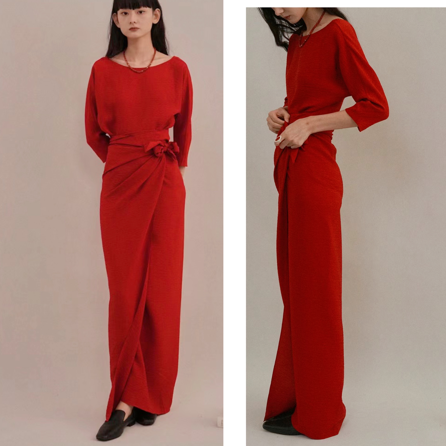 西班牙小众设计复古高腰一字领中国红裹身式高个子真丝连衣裙礼服