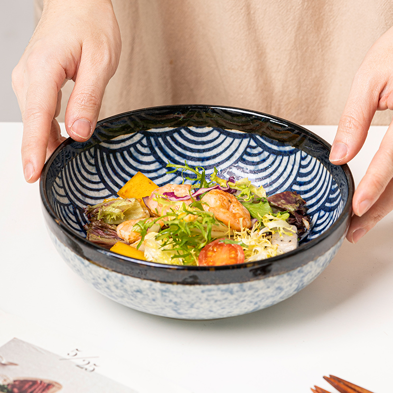 日本进口冷面碗青海波陶瓷日式餐具钵碗家用拉面碗中钵吃饭碗汤碗