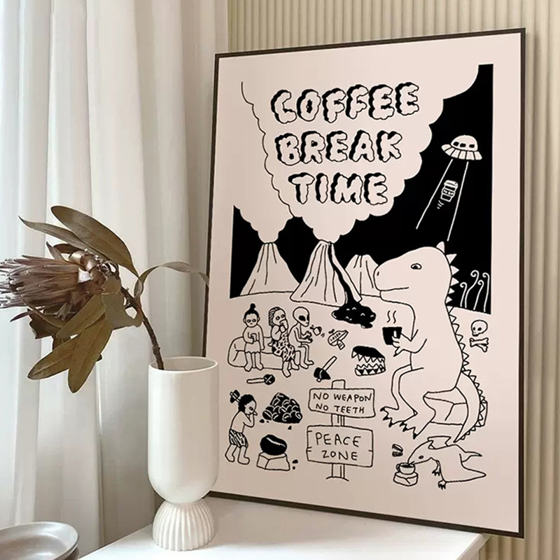 艺术海报黑白卡通线描恐龙儿童房装饰画复古创意ins风咖啡厅餐厅