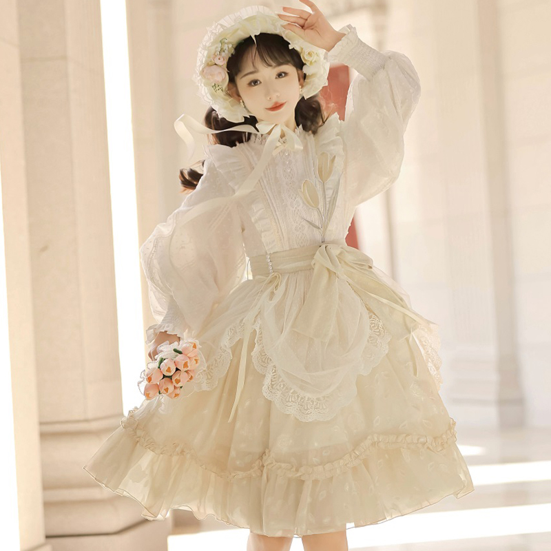 原创花与诗lolita优雅少女洋装OP超仙蕾丝甜美公主长袖日常连衣裙