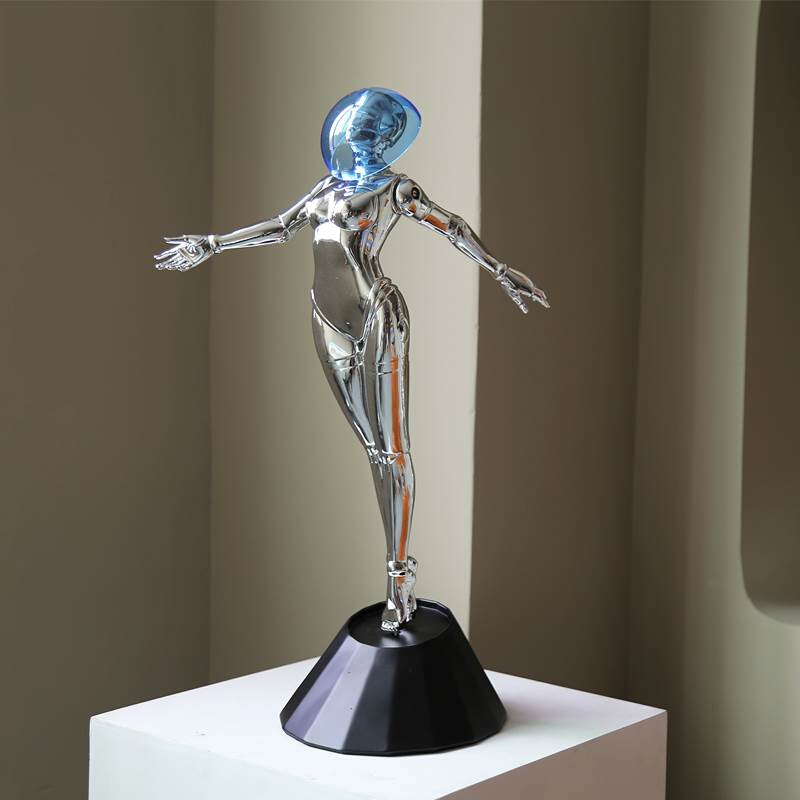 未来科技感艺术银色机械女泡泡装饰摆件客厅书房轻奢人物坐姿雕塑