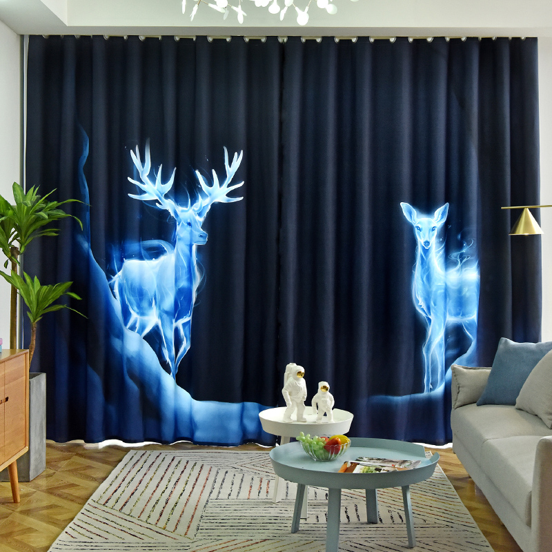 新品梦幻星空麋鹿夜光客厅窗帘成品窗帘杆一整套高档大气遮光卧室