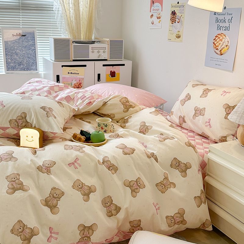 韩国奶油小萌水洗棉四件套可爱卡通宿舍床单三件套被套床上床品