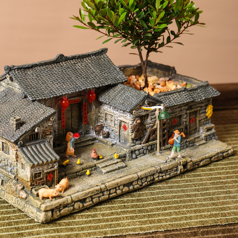 创意花盆复古建筑模型阳台庭院茶桌茶室家居装饰水景微景观造景