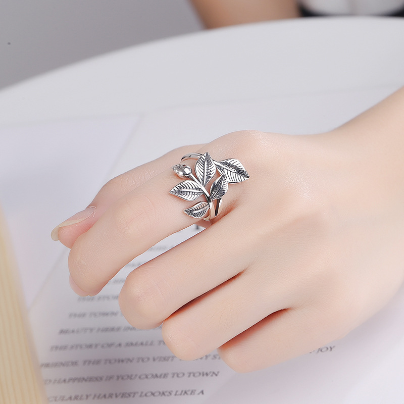 S925纯银复古泰银花蕾时尚叶子夸张树叶宽版食指环女个性新款活口