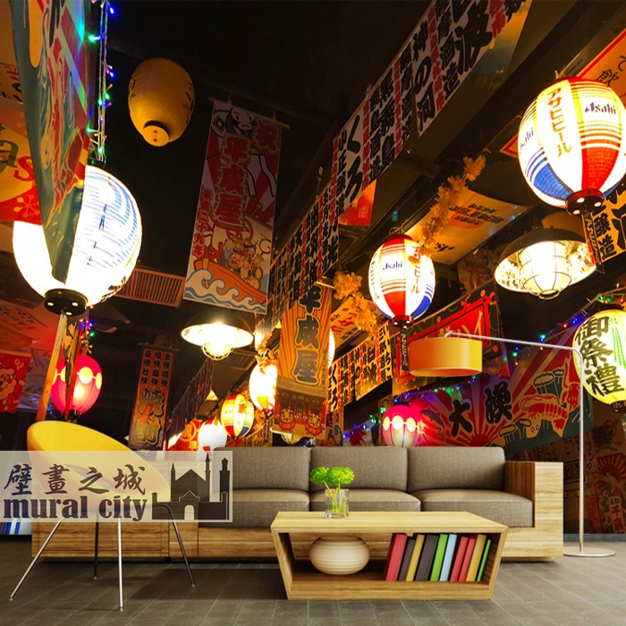日本街道夜景壁纸日本小吃街景夜色墙纸日式风格市井小巷灯笼壁画