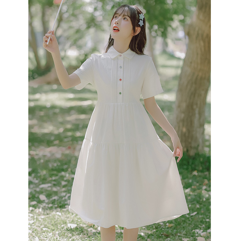 法式衬衣连衣裙少女夏装2024新款初中高中学生仙女白色POLO长裙子