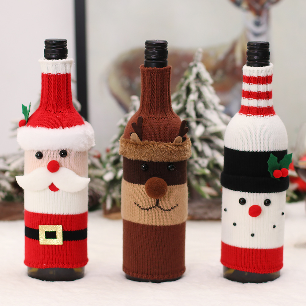 2022圣诞酒瓶套圣诞节装饰卡通针织老人雪人酒套节日餐厅布置装扮
