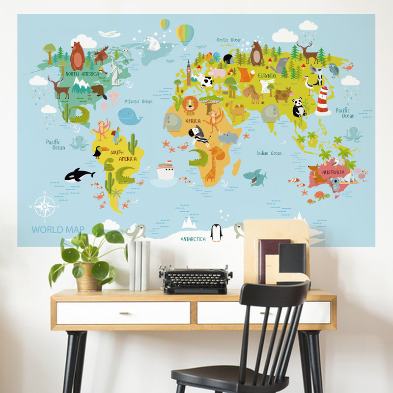 动物地图卧室客厅背景世界卡通墙贴旅行地表儿童房贴画幼儿园教室