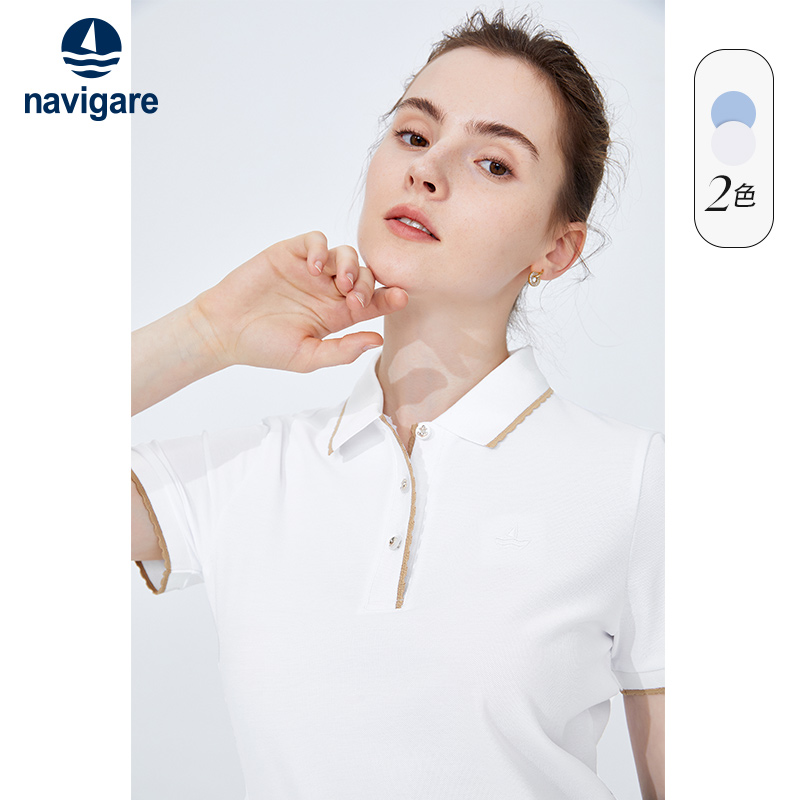 Navigare意大利小帆船夏季新款短袖保罗polo衫白色休闲修身T恤女