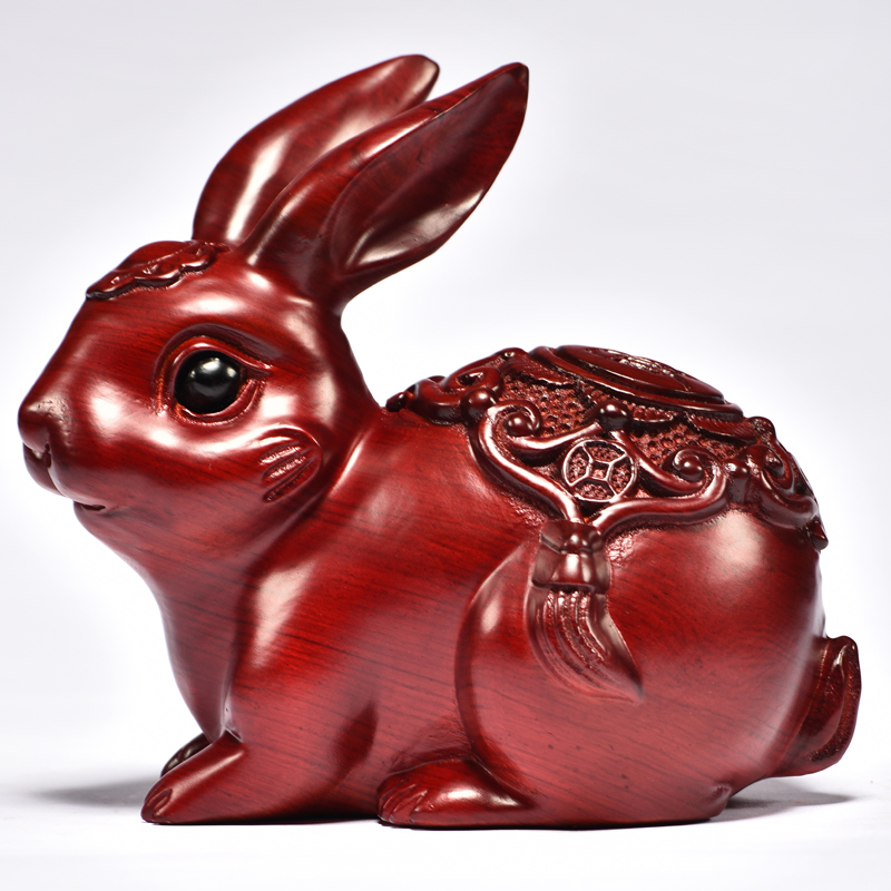 红檀实木雕刻木雕兔子摆件木质木制兔生肖兔木头红木工艺品木兔