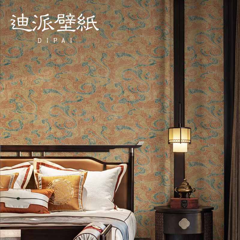 中式墙纸古典禅意佛系红色祥云藏式壁纸古风复古客厅背景墙高级感