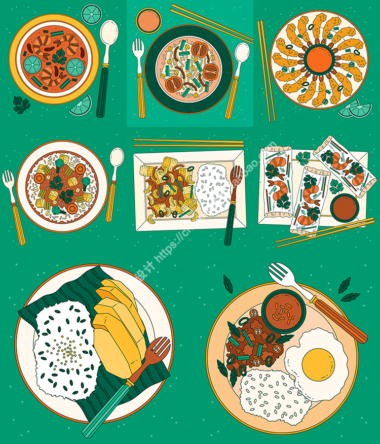泰国食物插画 芒果糯米饭船粉冬阴功汤柠檬虾 AI格式矢量设计素材