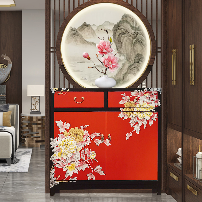 新中式手工彩绘牡丹红色玄关柜客厅国风装饰柜漆器家具实木餐边柜