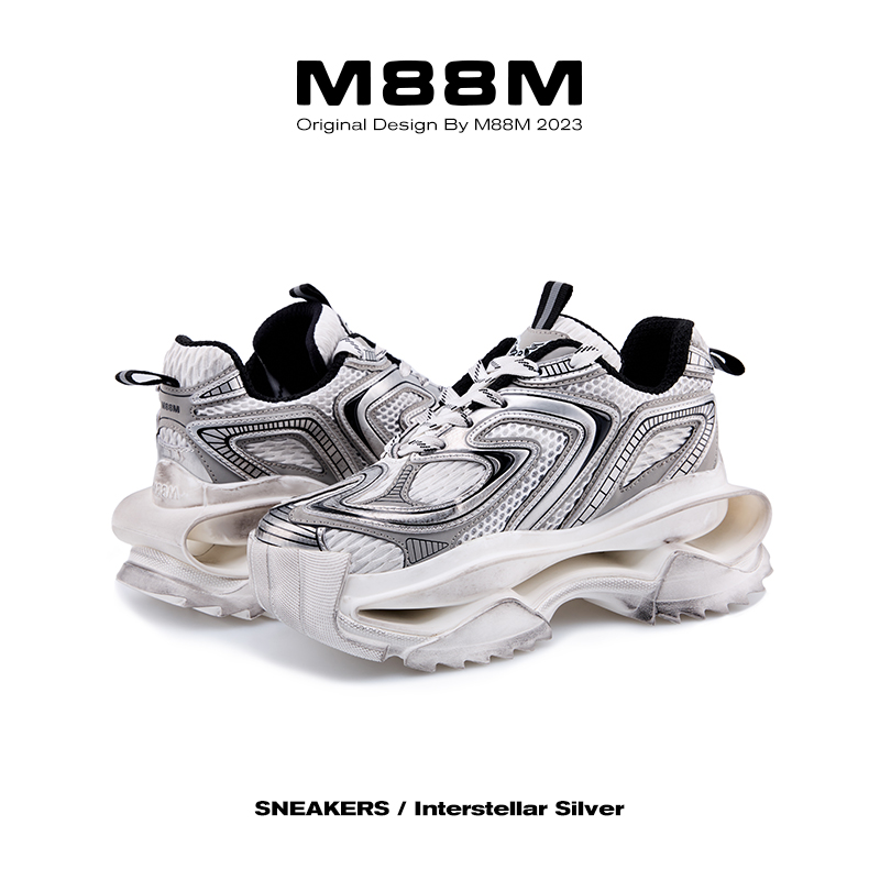 【银河战舰】M88M复古做旧国潮银色老爹鞋3M反光镂空鞋底设计跑鞋