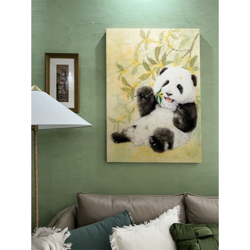 纯手绘中式油画客厅桂花装饰画玄关熊猫丙烯画卧室肌理画书房挂画
