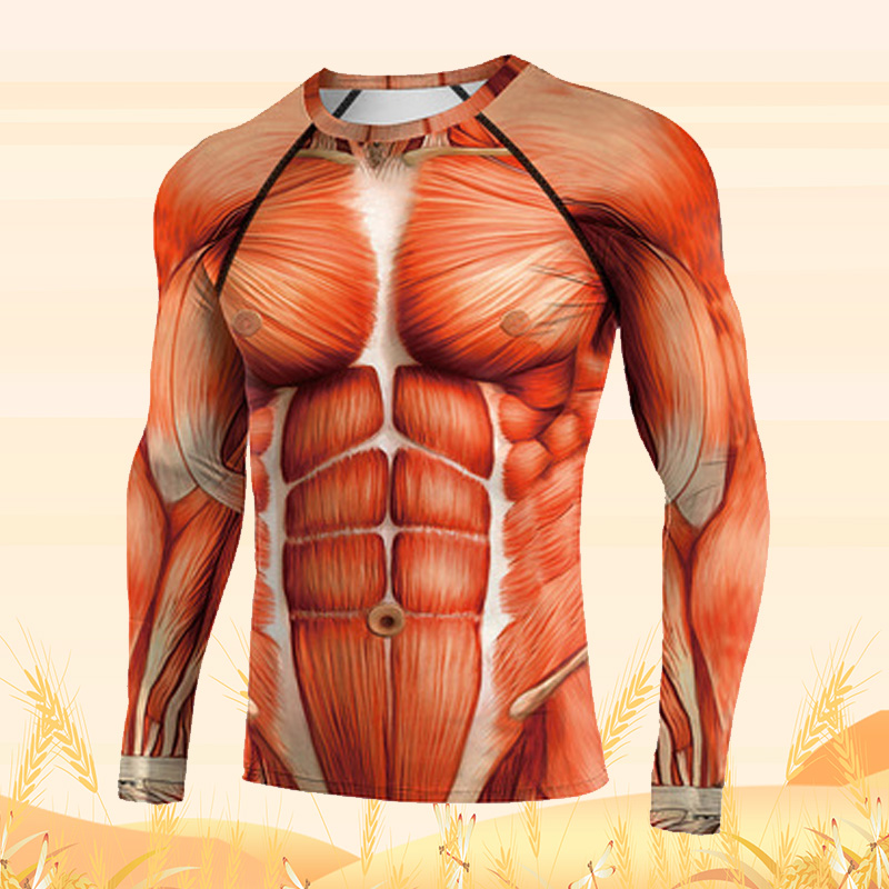 男士肌肉衣长袖连体衣人体图案打底衫上衣3D仿真健身衣紧身衣