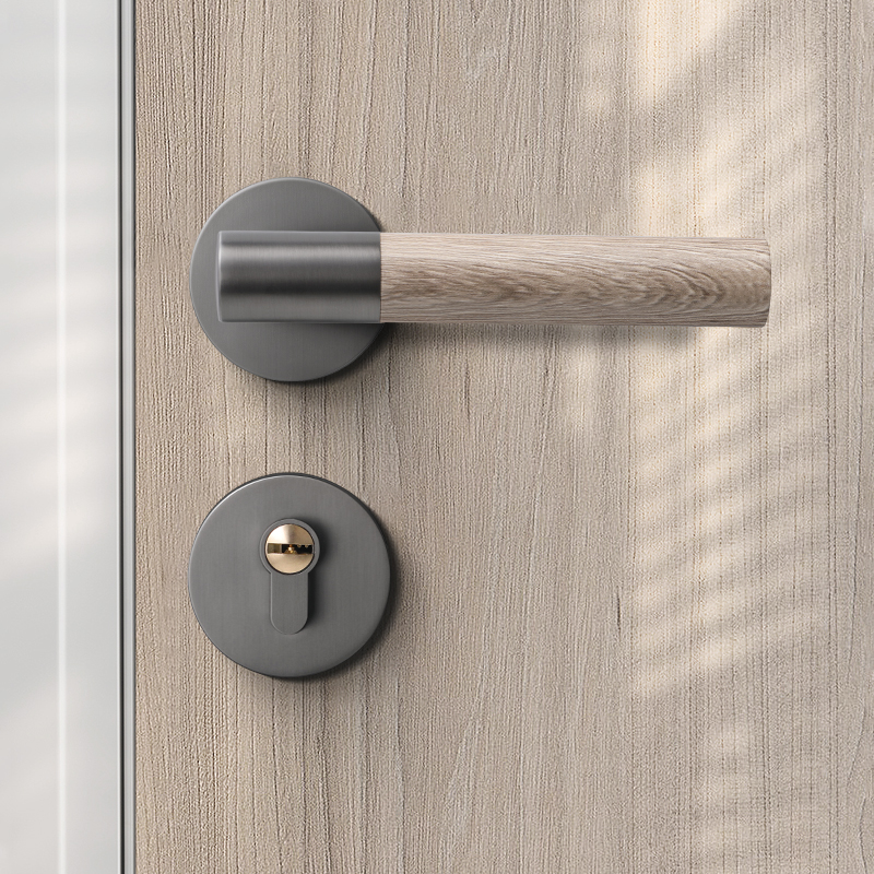 灰黑色木纹卧室门锁室内分体房门锁静音房间门把手磁吸家用木门锁