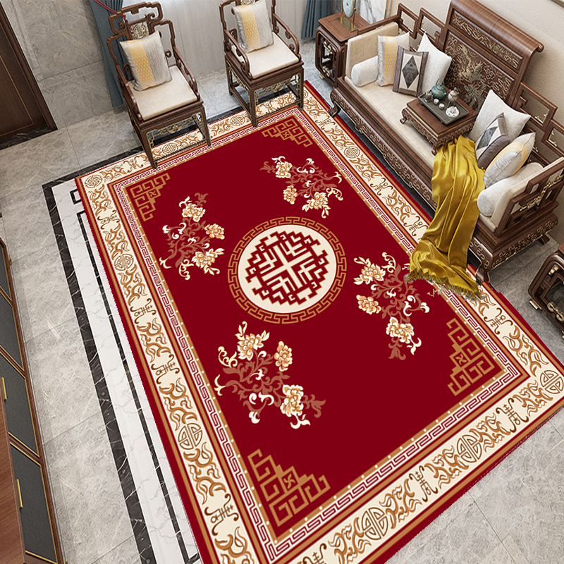 新中式传统红色地毯客厅卧室床边毯轻奢复古直播间书房婚纱照地垫