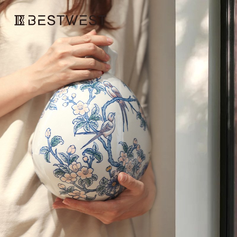Best west 新中式复古双耳青花瓷陶瓷花瓶摆件家居酒壶花器装饰品