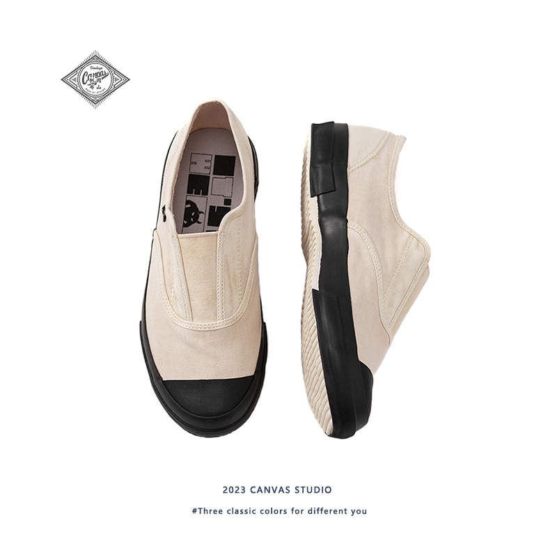 日本冈山手工水洗做旧小白鞋一脚蹬帆布鞋复古简约国潮低帮硫化鞋