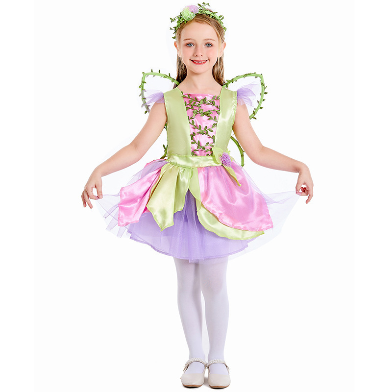 万圣节演出跨境儿童表演 蝴蝶翅膀公主裙 女童粉色花仙子舞台服装