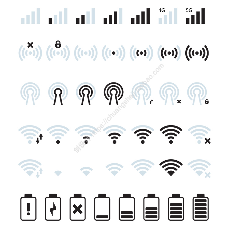 手机信号电量小图标 无线wifi信号格电池量能 AI格式矢量设计素材