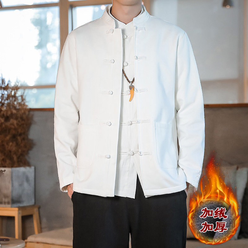 中国风唐装加绒加厚外套男秋冬季白色长袖衬衫潮牌大码中山装夹克
