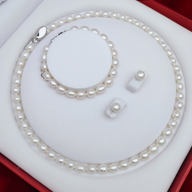 海瞳米形天然无核淡水珍珠项链三件套装套盒女送妈妈母亲节礼物