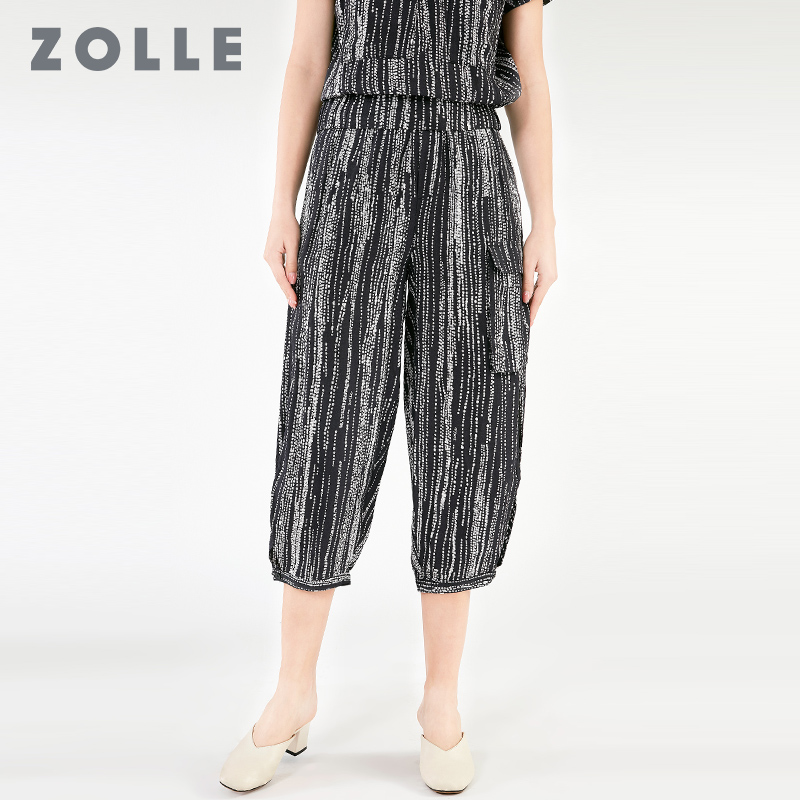 ZOLLE因为春夏新款竖条纹显瘦女式短裤时尚开叉小脚女式八分裤