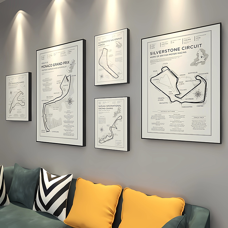 F1赛道挂画赛车俱乐部周边壁画客厅沙发背景墙电竞房间组合装饰画