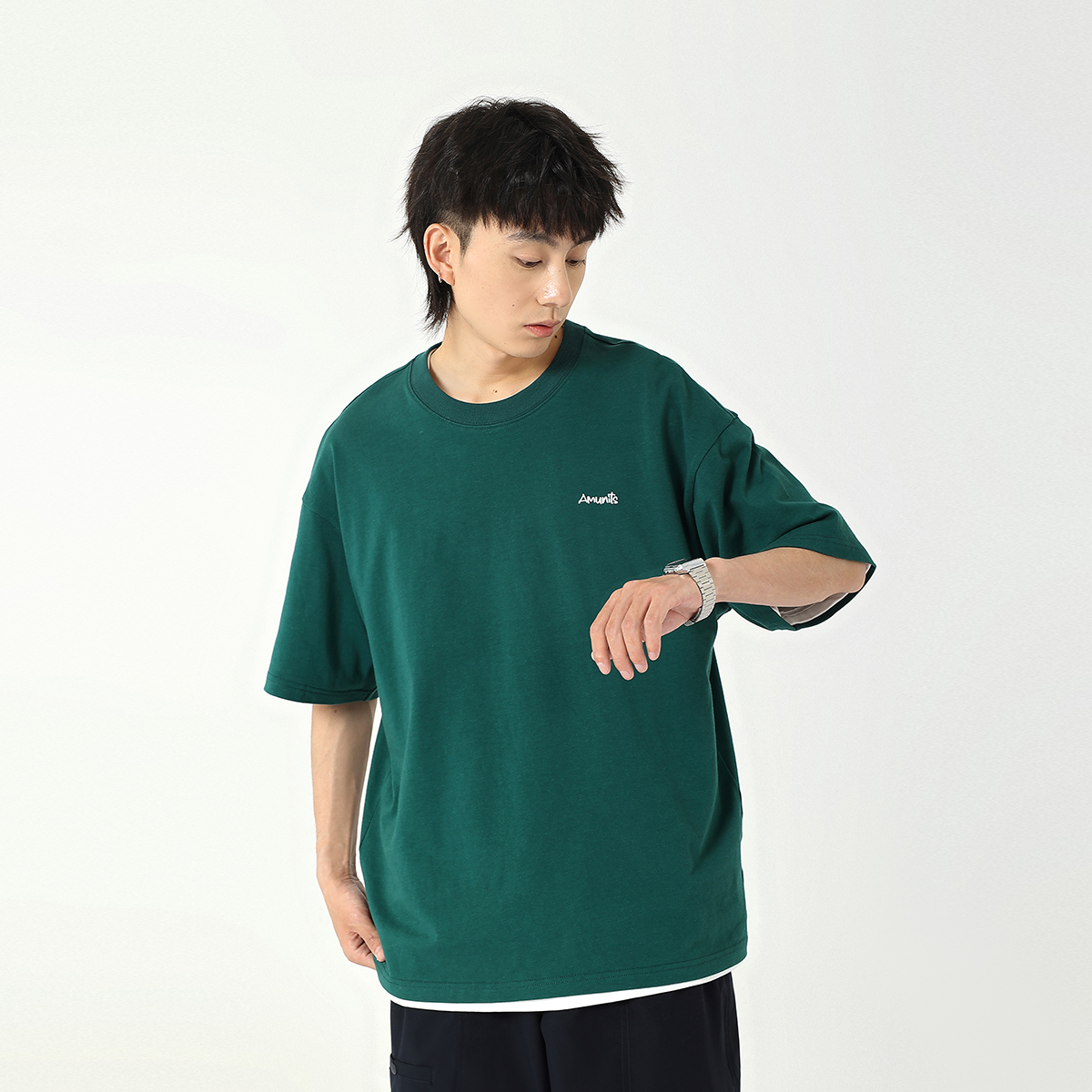 260克重磅日系夏季T恤男复古墨绿色圆领休闲短袖tee