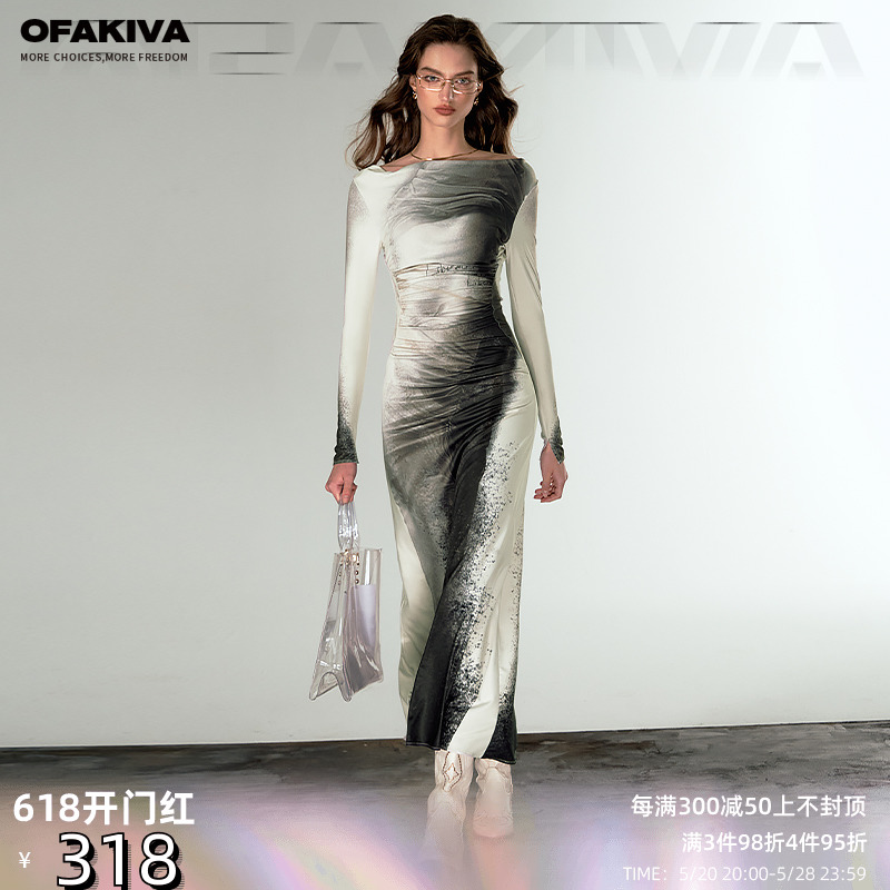 【现货】OfAkiva“情人罗丹”雕塑缪斯印花长袖连衣裙女荡领长裙