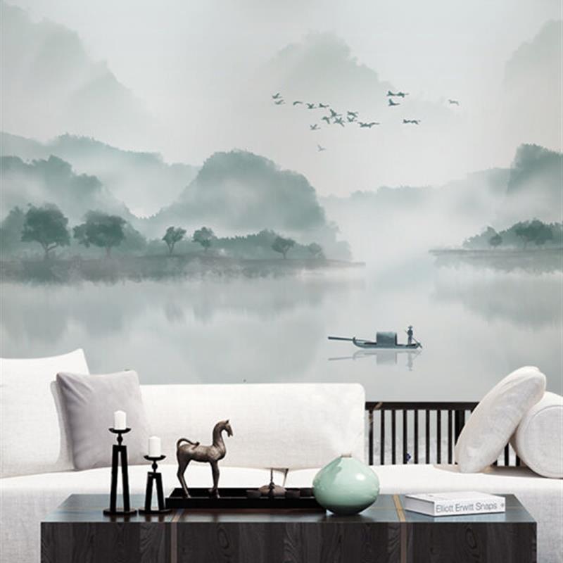 中式意境水墨抽象淡雅山水沙发背景墙纸壁布房壁画锦麻|