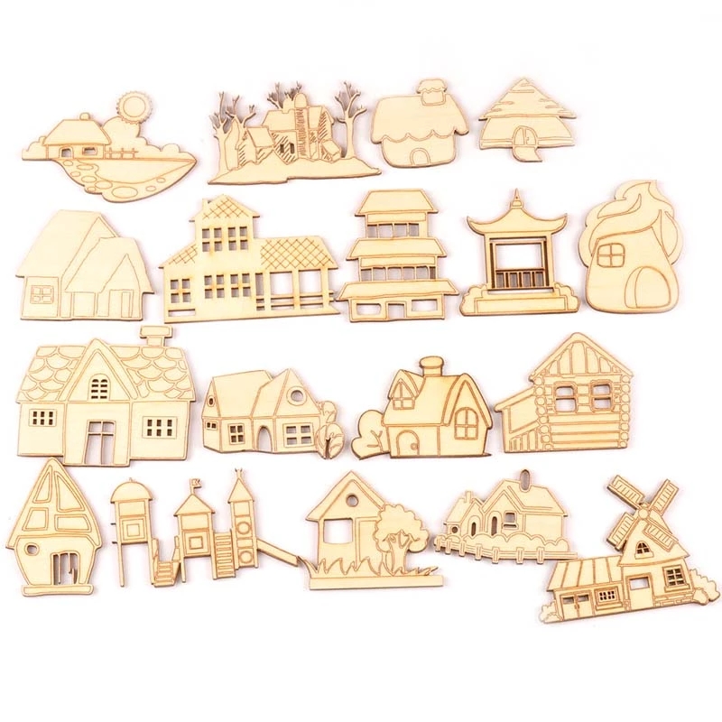 卡通动画房子木片儿童彩绘画木板烙画薄木片手工DIY制作材料10个