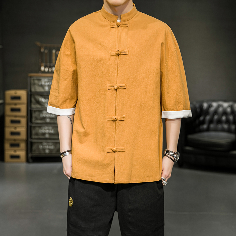 夏季大码中国风盘扣短袖衬衫男士中式唐装古装古风汉服复古中山装