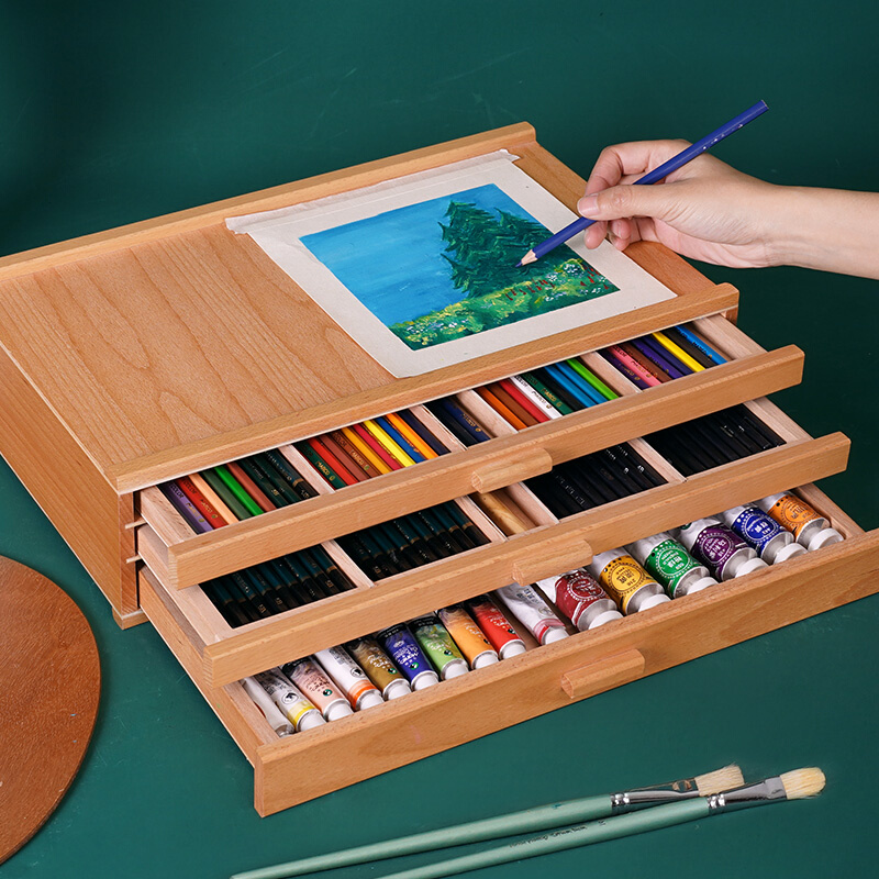 榉木三层抽屉桌面画盒画箱手账素描铅笔油画棒铅笔彩铅马克笔收纳