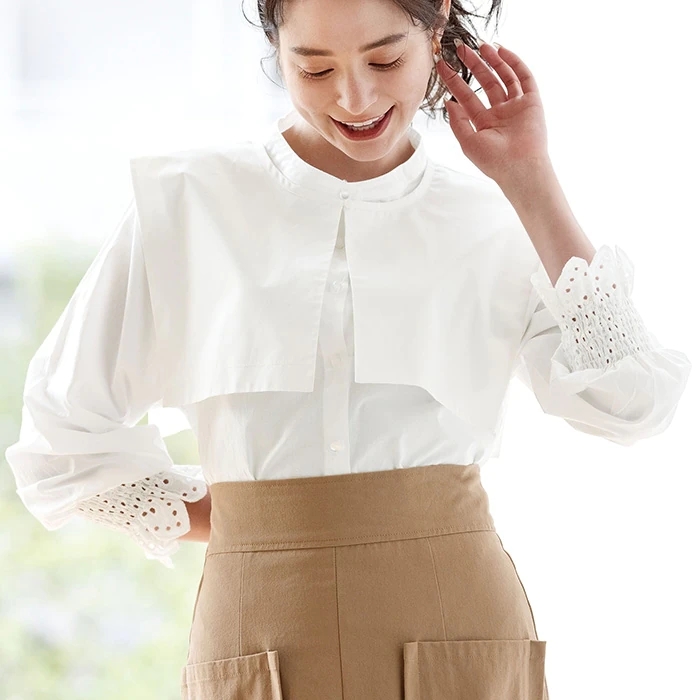 2023年春季日本代购女士领可卸两种穿法镂空袖口甜美衬衫