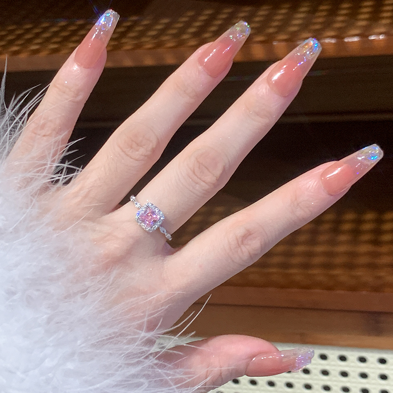 s925银戒指女粉钻小方糖戒指女小众设计高级感素圈戒指开口食指环