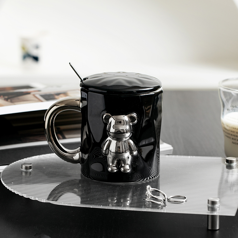 暴力熊陶瓷杯子带盖马克杯女情侣水杯设计小众咖啡杯办公室男创意