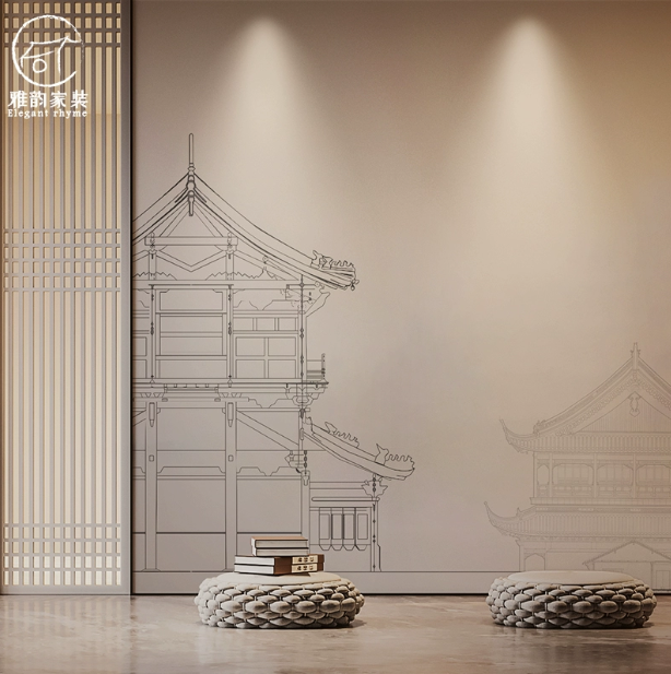 中式国风墙布线性阁楼意境客厅沙发电视背景墙纸茶室手绘壁纸壁画