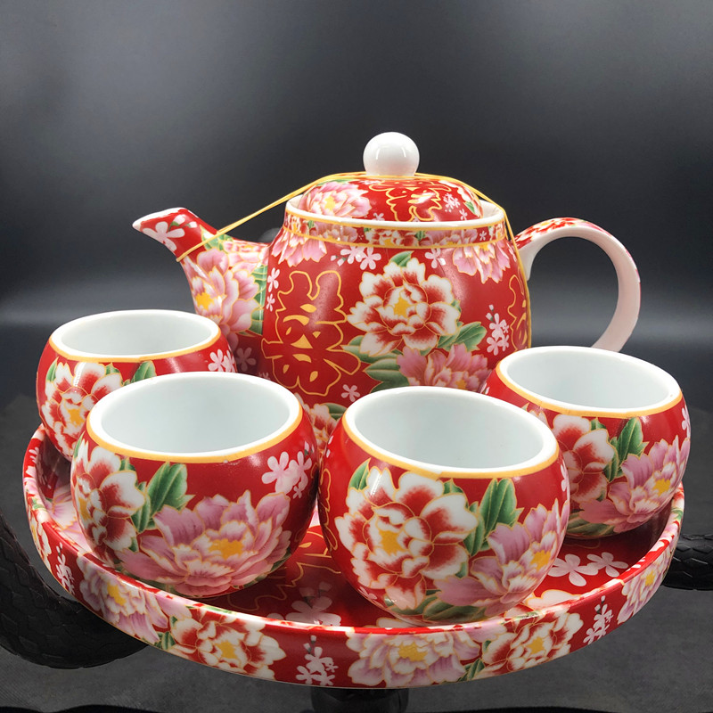 销中国传统红色陶瓷结婚茶具套组创意婚庆用品长辈敬茶杯壶婚礼厂