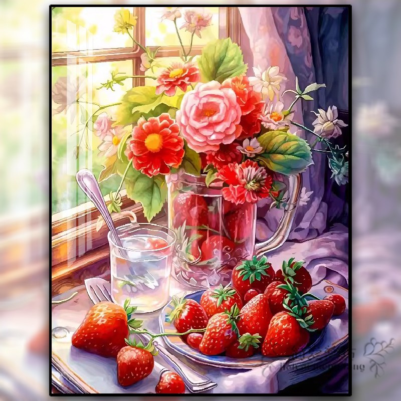 草莓茶点钻石画2024新款现代点贴钻十字绣简单手工diy小幅餐厅画