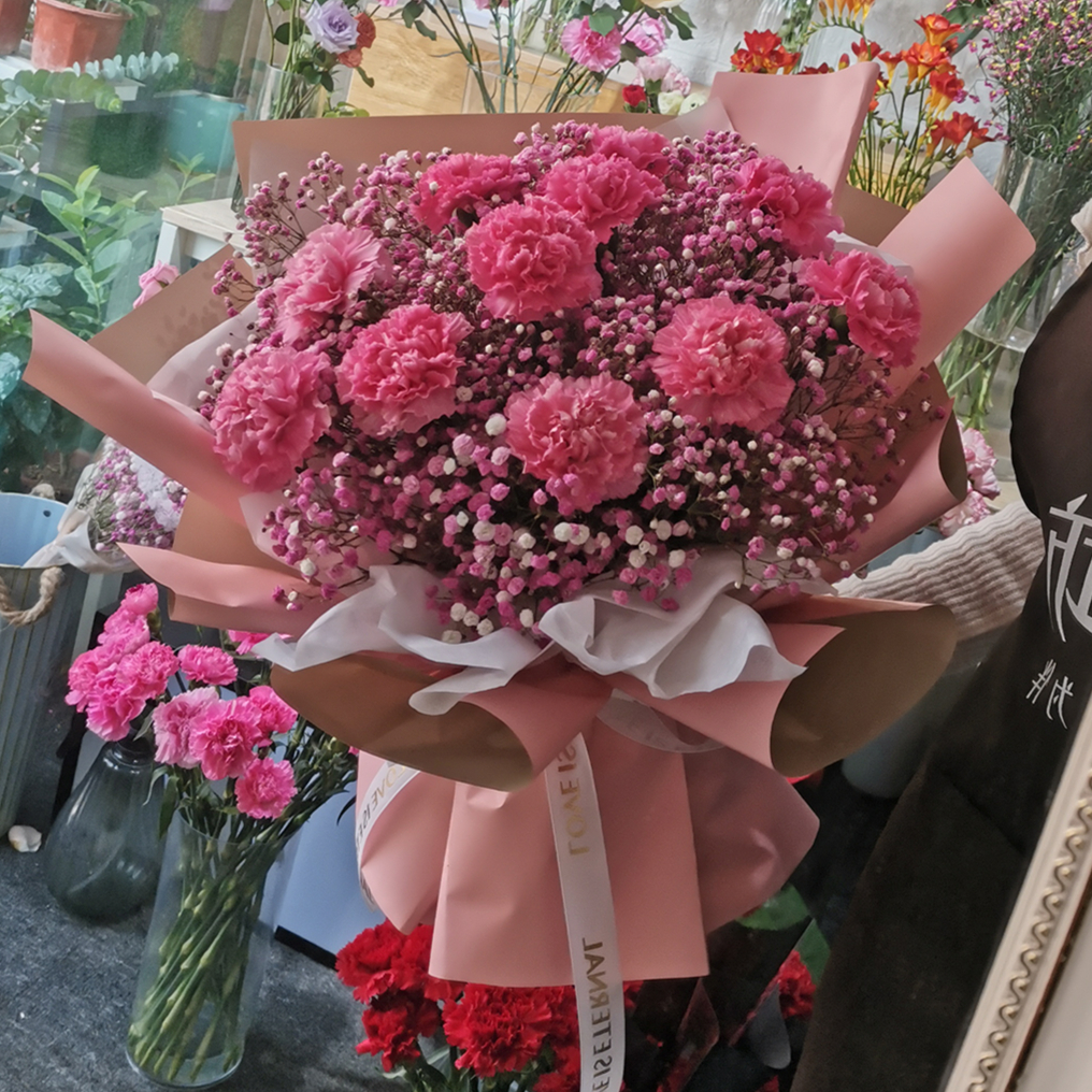 全国三小时到达11朵粉康乃馨搭配粉色满天星鲜花表白爱意节日花束