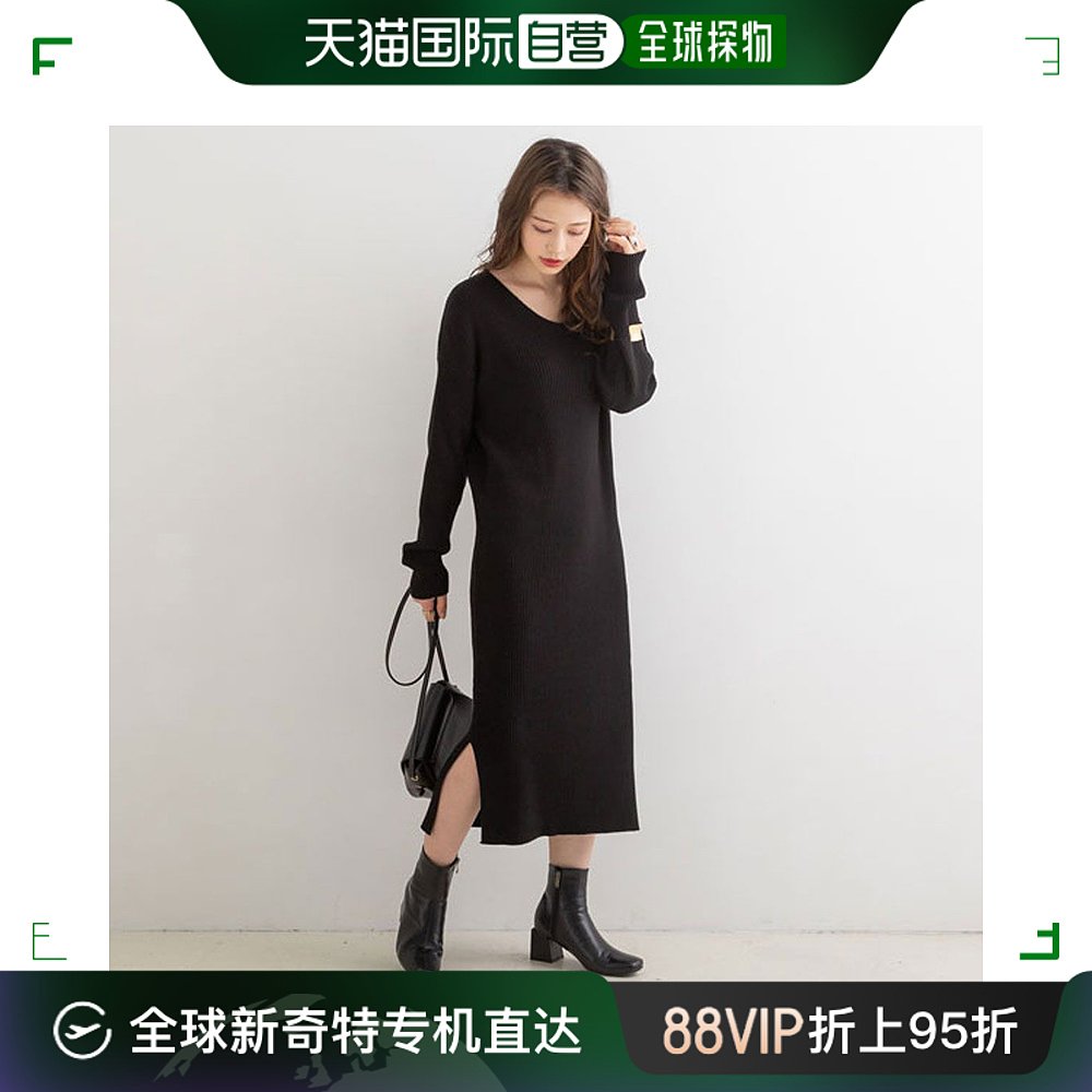 【日本直邮】Yumetenbo Yume Outlook V领罗纹针织连衣裙（黑色）