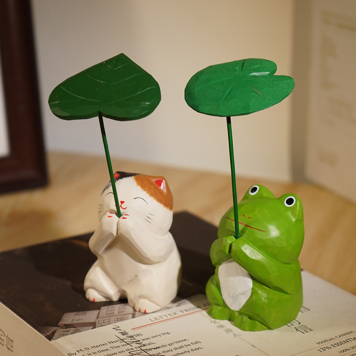 《祈福》手工木雕青蛙树叶猫咪动物治愈系桌面装饰木头小摆件礼物