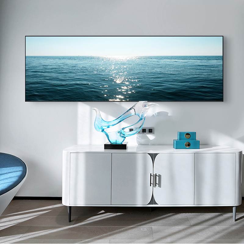 波光粼粼大海水面装饰画水波纹平静海浪蓝色客厅卧室沙发挂画横版