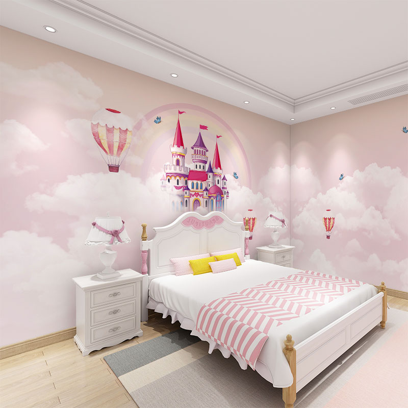 墙纸定制3d立体卡通城堡儿童房壁布女孩温馨卧室公主粉色墙布壁画