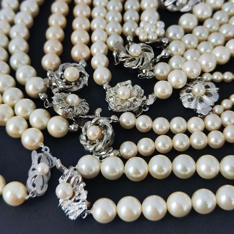 中古琉璃仿珍珠项链西洋古董首饰品单层双层三层锁骨链日本银花扣
